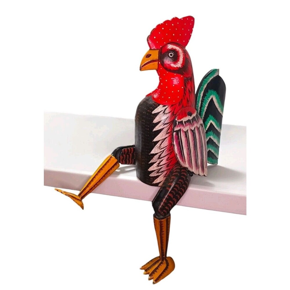 Vtg Solid Wood Hand Carved Painted Folk Art Rooster Chicken Jointed Legs & Wings